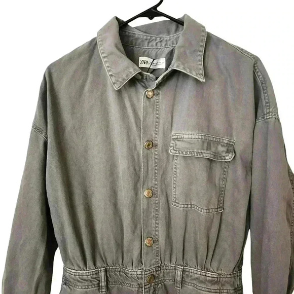 NWT ZARA LONG DENIM Cargo utility JUMPSUIT Gray button zip - Picture 4 of 6